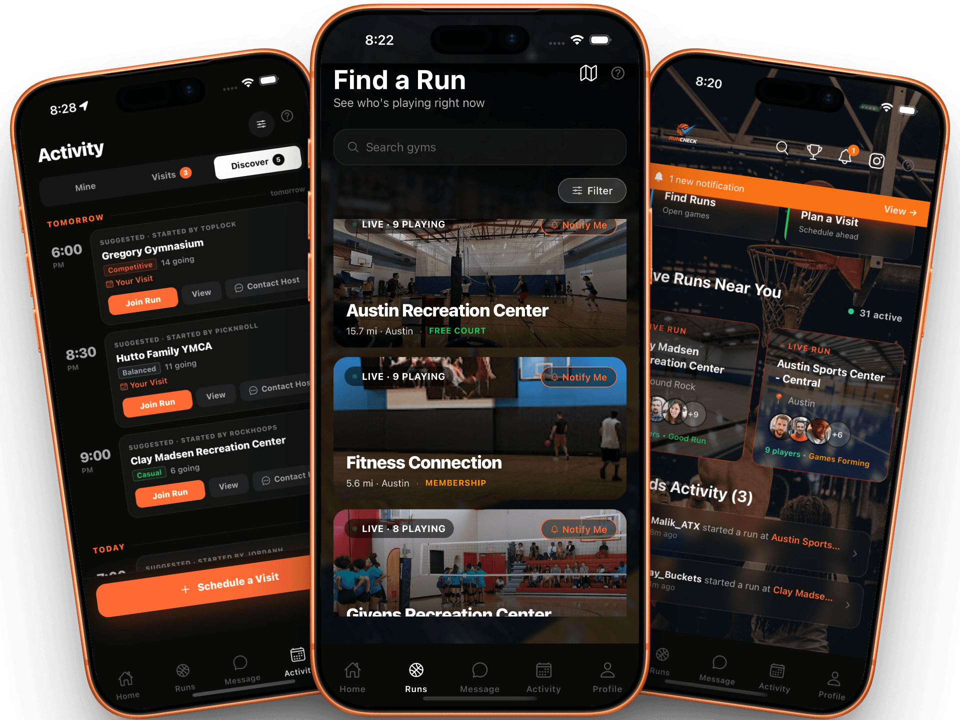 RunCheck app — activity schedule, find a run, and home screens