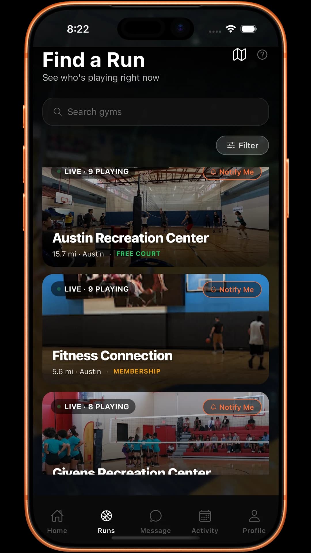 RunCheck map showing live basketball runs