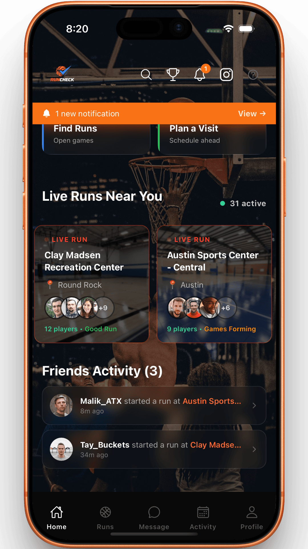 RunCheck — see who's checked in and playing nearby