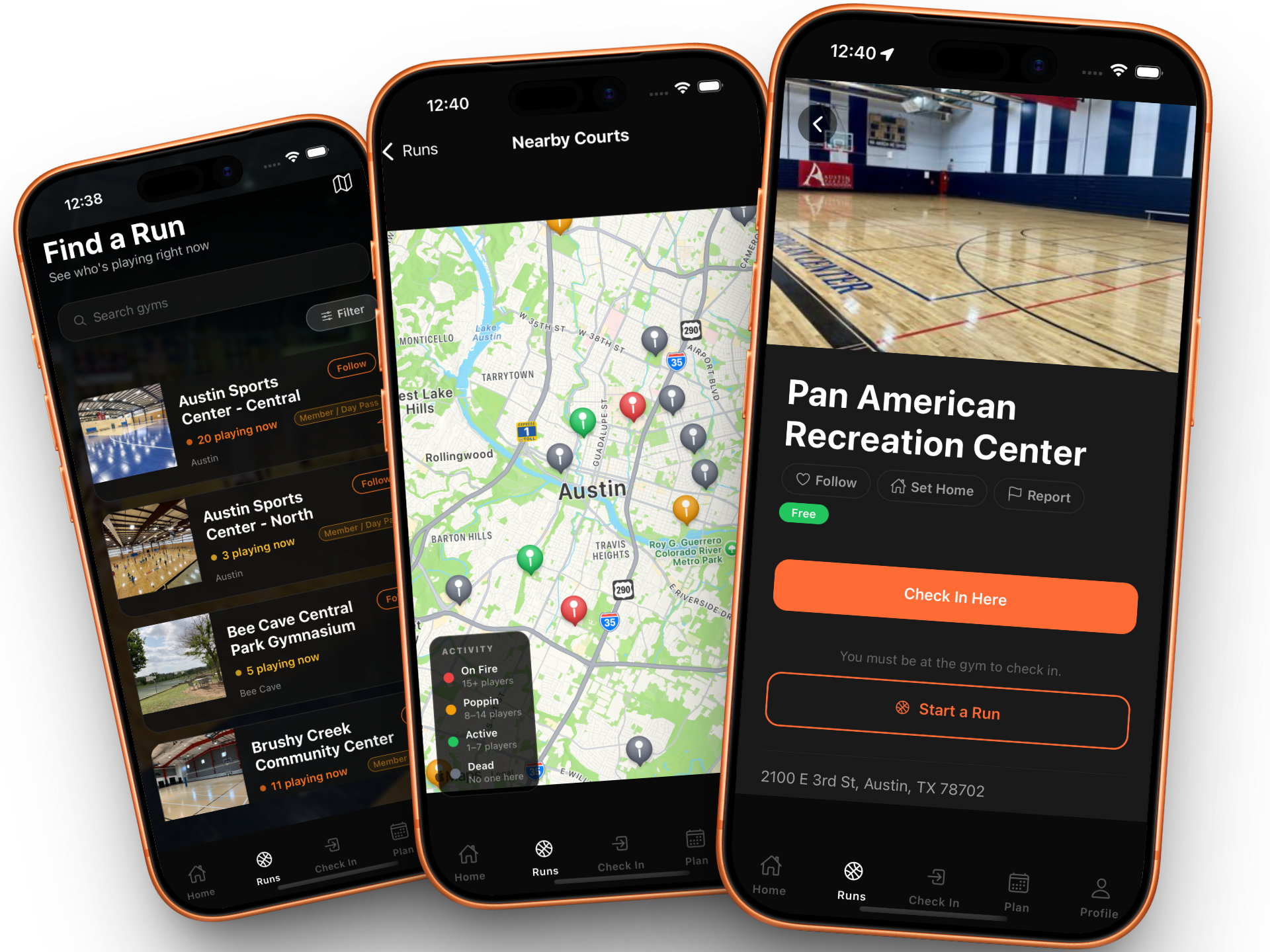 RunCheck app — find a run, map, and court check-in screens